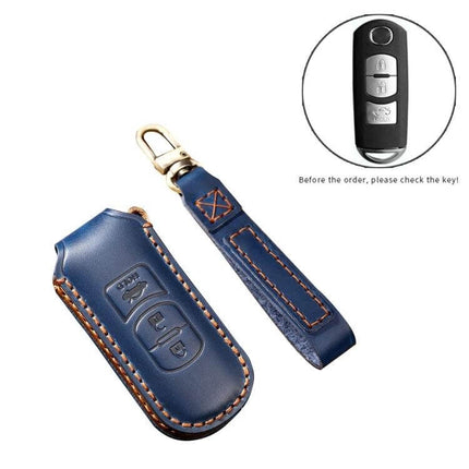 Hallmo Leather Protective Key Cover for Mazda Axela 3-Button in blue cowhide with stitched key fob sleeve and strap
