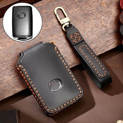 Hallmo Genuine Cowhide Leather Protective Key Case for Mazda Axela black stitched leather key case with strap