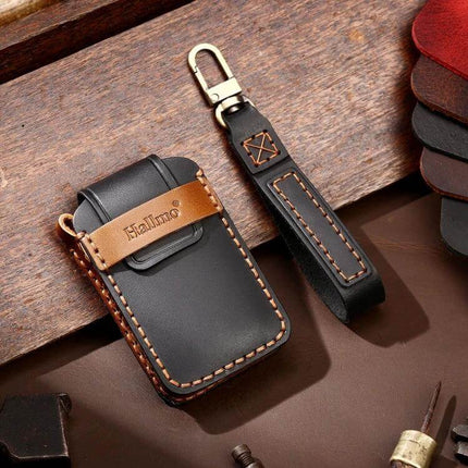 Hallmo Genuine Cowhide Leather Protective Key Case for Mazda Axela - black leather key case with strap protecting Mazda Axela key