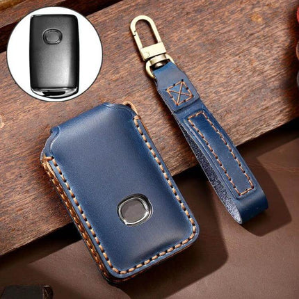 Hallmo Genuine Cowhide Leather Protective Key Case for Mazda Axela in blue with key fob and leather strap