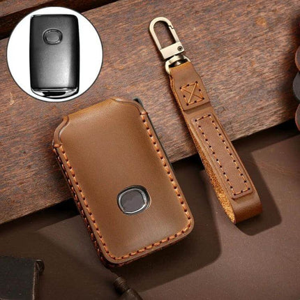 Hallmo Genuine Cowhide Leather Protective Key Case for Mazda Axela brown stitched leather key case with strap