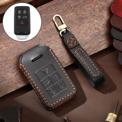 Hallmo Cowhide Leather Protective Key Cover for Volvo 5-Button Keys - black stitched leather key case with keyring strap