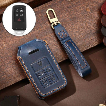 Hallmo Cowhide Leather Protective Key Cover for Volvo 5-Button Keys in blue leather with stitched strap and brass keyring