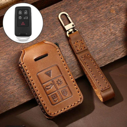 Hallmo Cowhide Leather Protective Key Cover for Volvo 5-Button Keys brown genuine leather key fob cover with strap, stitched protective case