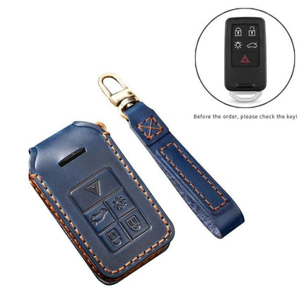 Hallmo Cowhide Leather Protective Key Cover for Volvo 5-Button Keys blue leather key case with wrist strap and stitched edges