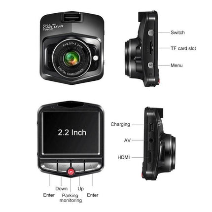 Black Car Dash Cam with 2.2 Inch Display for Driving Recording showing front lens, 2.2-inch screen and side ports (HDMI, AV, TF)