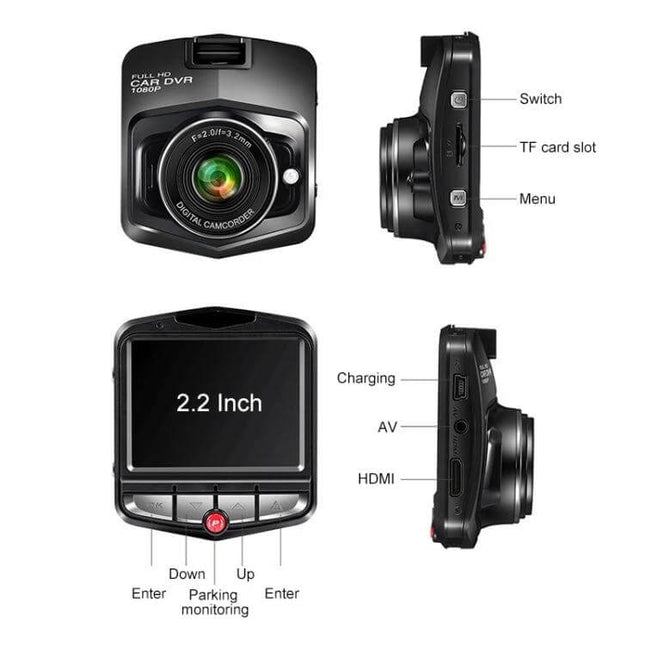 Black Car Dash Cam with 2.2 Inch Display for Driving Recording showing front lens, 2.2-inch screen and side ports (HDMI, AV, TF)