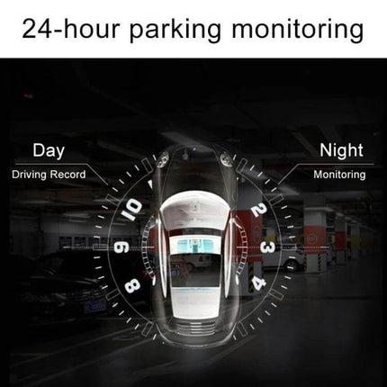 Black Car Dash Cam with 2.2 Inch Display for Driving Recording showing 24-hour parking monitoring day and night motion detection
