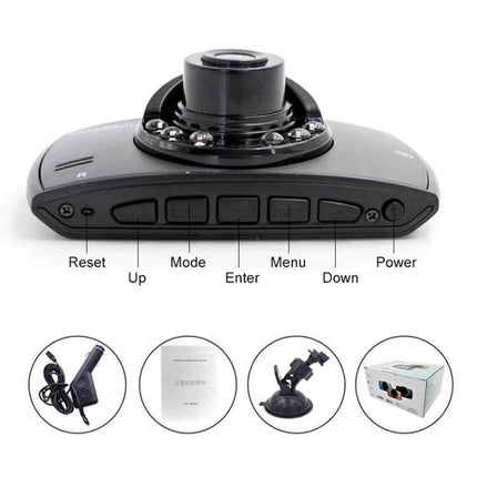 Compact Car Dash Camera for Driving and Parking Monitoring compact dashboard camera with buttons, suction mount and accessories