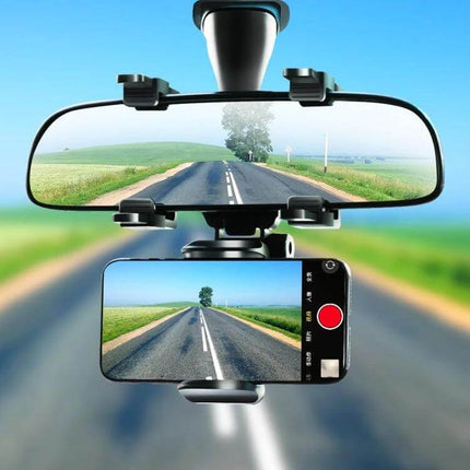 Adjustable Car Rearview Mirror Phone Holder for Navigation mounted on mirror showing phone displaying navigation view