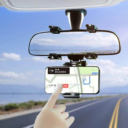 Adjustable Car Rearview Mirror Phone Holder for Navigation mounted under mirror showing hands using navigation app