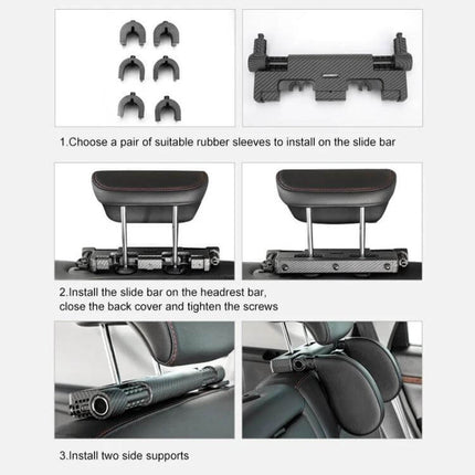 Adjustable U-Shaped Memory Foam Neck Cushion for Car Comfort shown with installation steps and headrest slide bar accessories