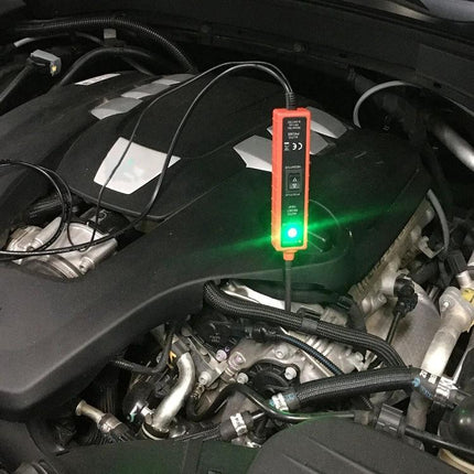 ZK-103 Circuit Tester for Everyday Car Maintenance Tasks showing tester with green LED connected to car engine 6V-24V
