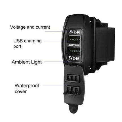 Car USB Charger Double-Sided For Phones On The Go Everyday showing dual 5V 2.4A USB ports, ambient light and waterproof cover