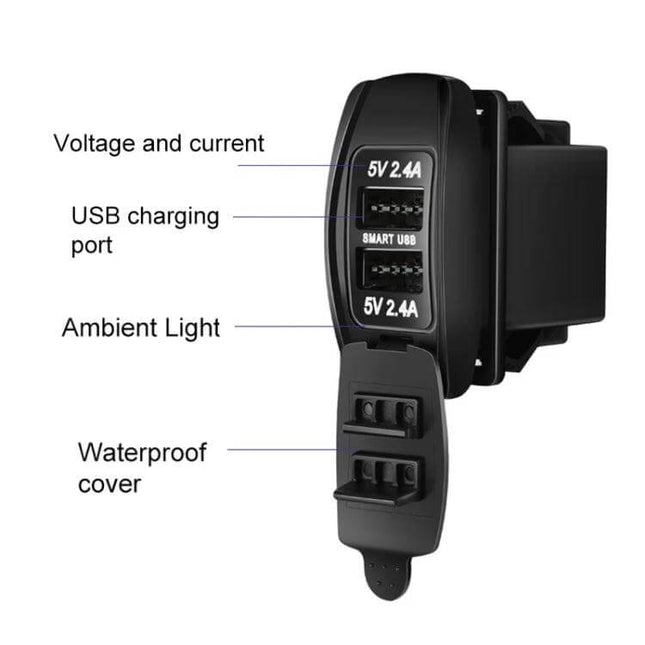 Car USB Charger Double-Sided For Phones On The Go Everyday showing dual 5V 2.4A USB ports, ambient light and waterproof cover