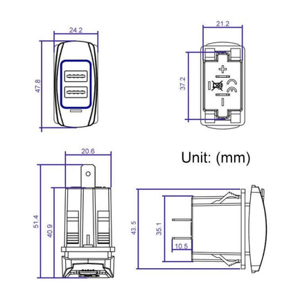 Car USB Charger Double-Sided For Phones On The Go Everyday technical dimension diagram showing dual USB ports and measurements (mm)