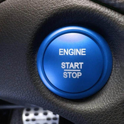 Mercedes-Benz A-Class Engine Start Button Decorative Trim in Blue — blue aluminum start/stop button cover on black dashboard