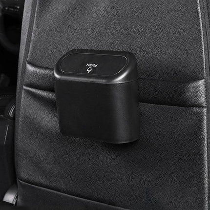 Durable Car Trash Can for Vehicle Organization and Storage - compact black car trash bin mounted on seatback for road trips and daily commutes