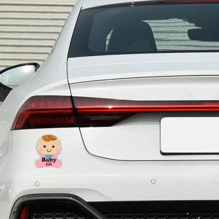 Metal Baby in Car Warning Sticker for Vehicle Safety on white car rear window — cute baby decal signaling infant on board to other drivers