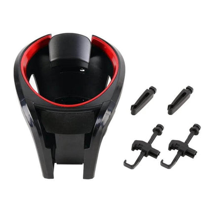 Adjustable Car Air Vent Cup and Phone Holder mounted on vent holding a travel mug with extra clip accessories