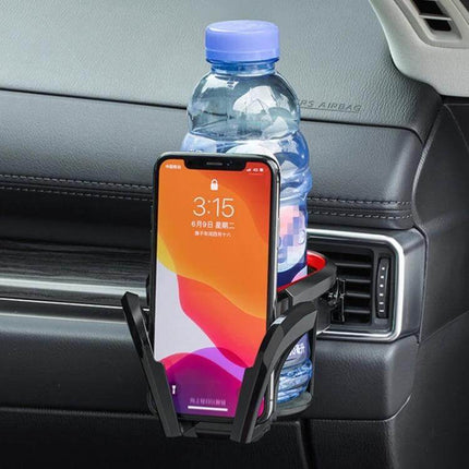 Adjustable Car Air Vent Cup and Phone Holder mounted on vent holding water bottle and smartphone for navigation
