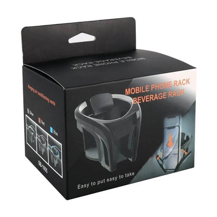 Adjustable Car Air Vent Cup and Phone Holder displayed in retail packaging showing beverage and phone rack