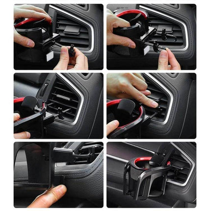 Adjustable Car Air Vent Cup and Phone Holder mounted on car vent holding a drink and phone for navigation