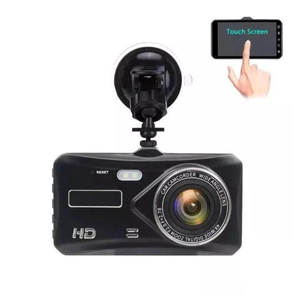 X97 Dash Cam with Front and Rear Video Recording mounted on windshield showing touchscreen controls and wide-angle lens