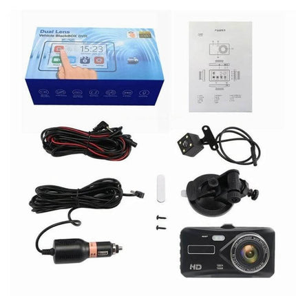 X97 Dash Cam with Front and Rear Video Recording - dual lens kit showing camera, rear camera, power cable, mount and box