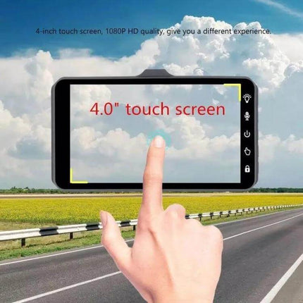 X97 Dash Cam with Front and Rear Video Recording showing 4.0-inch touch screen and finger interaction