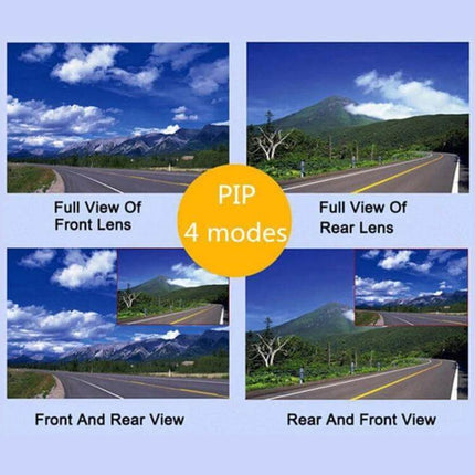X97 Dash Cam with Front and Rear Video Recording showing PIP 4 modes: full front, full rear, front and rear view, rear and front view