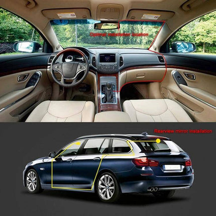X97 Dash Cam with Front and Rear Video Recording shown mounted on windshield and rearview mirror, illustrating front and rear coverage and parking monitoring
