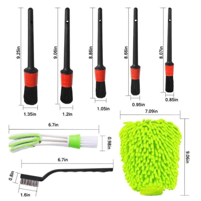 11-Piece Car Wash Cleaning Brush Set for Vehicle Detailing showing brushes, microfiber mitt, and detailing brush sizes