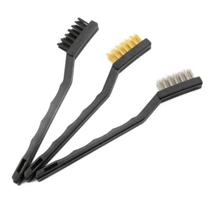 11-Piece Car Wash Cleaning Brush Set for Vehicle Detailing - three small hand brushes with black, brass, and steel bristles for car detailing