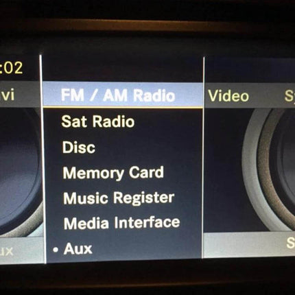 Mercedes-Benz AMI USB Audio Cable Wiring Harness, 27cm shown with car media interface menu displaying FM/AM Radio, Sat Radio, Disc, Memory Card, Music Register