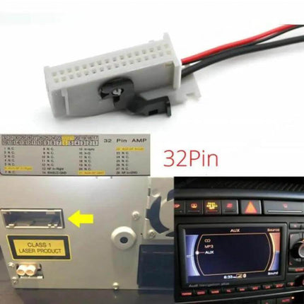 Bluetooth Car Music Cable for Audi Vehicles Digital Audio - 32pin connector cable showing adapter, wiring and Audi head unit display
