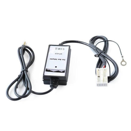 Car AUX Audio Disc Box for Skoda Octavia and Audi A4 compact 3.5mm AUX adapter showing box, wiring harness and jack