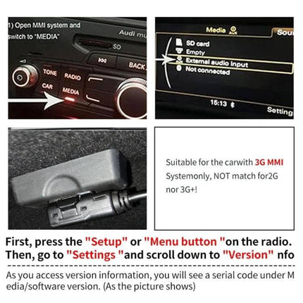 AMI Bluetooth Audio Wiring Harness For Audi Q5 A5 A7 showing MMI Media menu, external audio input selection and setup steps for pairing Bluetooth 5.0