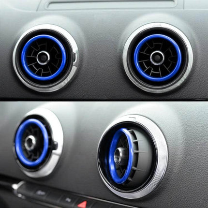 Metal Decorative Rings for Audi A1 Air Vent, 4-Piece Set - silver rings with blue inner trim fitted on Audi A1 round air vents