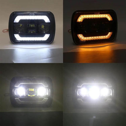 7 Inch Car Square Headlight Work Light Durable Dust Proof showcasing white and amber LED modes, compact low-profile housing ideal for off-road and work use