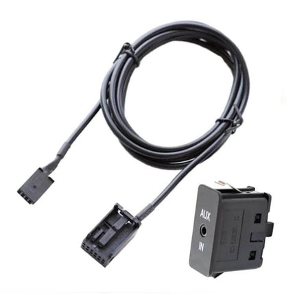 Car Aux Audio Interface And Cable Harness For BMW Vehicles front view of black AUX-in module with long cable and factory radio connector
