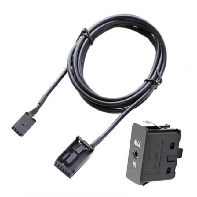Car Aux Audio Interface And Cable Harness For BMW Vehicles front view of black AUX-in module with long cable and factory radio connector