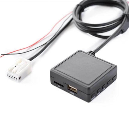 BMW Car AUX Bluetooth U Disk Music Adapter For In-Car Audio compact black module with USB port and OEM BMW AUX wiring harness