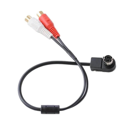 Alpine Car AUX Cable For IVA CDA Head Units Plug And Play – black ABS cable with right-angle IVA/CDA connector and red/white RCA plugs