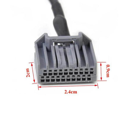 Car AUX IN Bluetooth Music and Mic Adapter for Honda CRV Civic - close-up of gray multi-pin AUX connector with dimensions 2.4cm x 2cm x 0.9cm