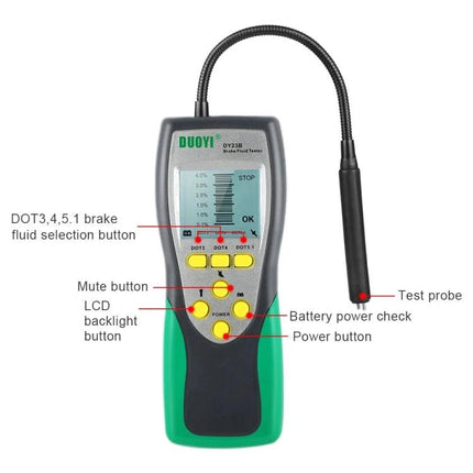 DUOYI Tool for Routine Car Fluid Maintenance Checks - handheld brake fluid tester with probe, LCD display and buttons for DOT selection