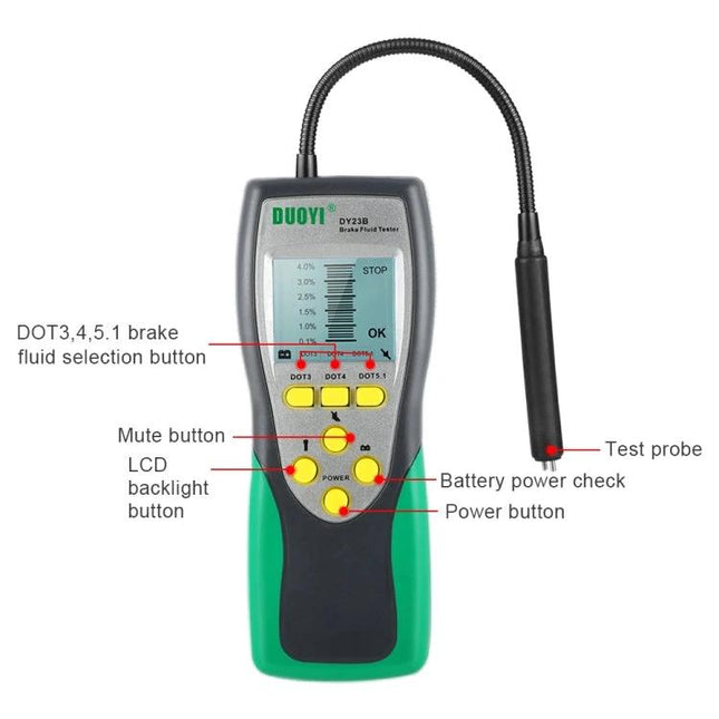 DUOYI Tool for Routine Car Fluid Maintenance Checks - handheld brake fluid tester with probe, LCD display and buttons for DOT selection