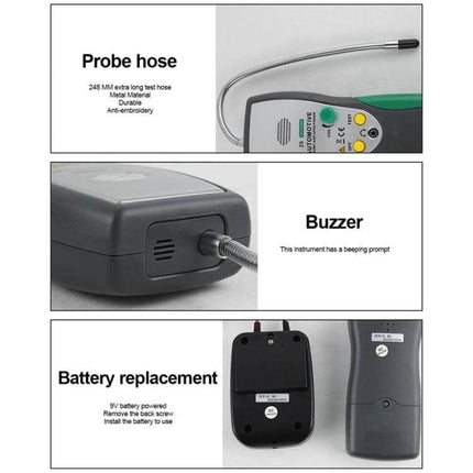 DUOYI Cable Tester for Detecting Wiring Shorts and Breaks showing probe hose buzzer and battery replacement features