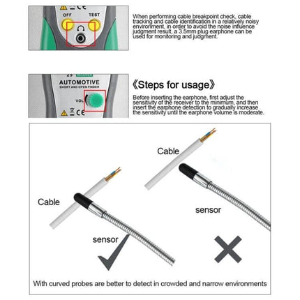DUOYI Cable Tester for Detecting Wiring Shorts and Breaks showing transmitter, receiver, and sensor probe with usage steps and cable detection diagram