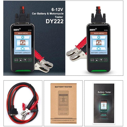 DUOYI Battery Tester for Everyday Vehicle Upkeep - handheld 6-12V DY222 with clamps, cables and packaging for car battery and charging system checks